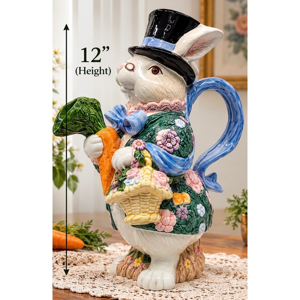 Fitz and Floyd Bunny Pitcher 1.5 QT Vintage 1991 Hand Painted Rabbit Top Hat 12"